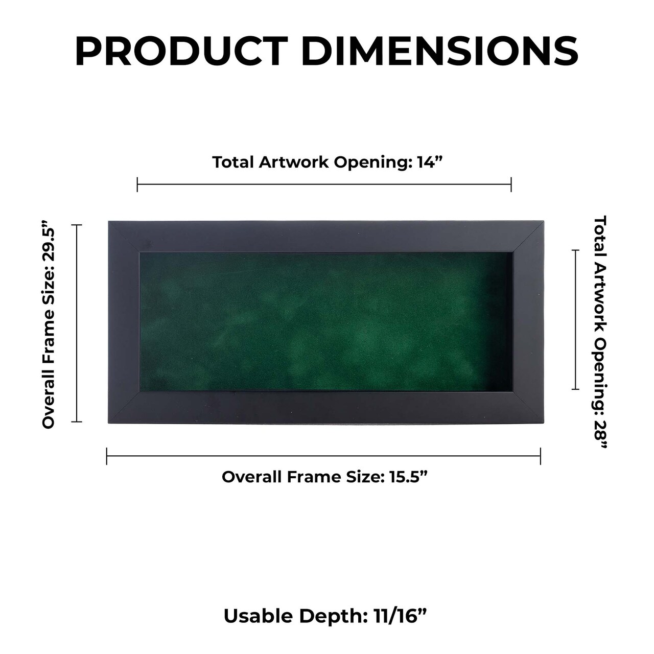 Classic Black Wood Shadown Box Frame with Acrylic Front - Forest Green Suede Backing, 30 Sizes